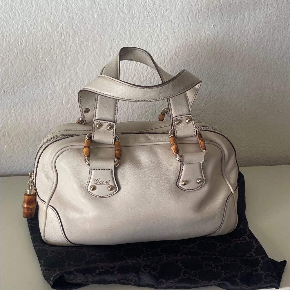 Gucci Cream Leather Satchel with Bamboo-Accent Handles